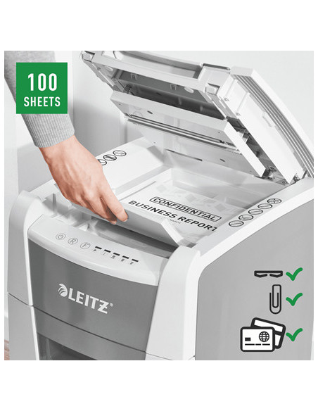 80110000,Distrugator automat documente Leitz IQ Small Office, 100 coli, P4, cross-cut (tip confeti), cos 34 litri, alb-gri, Leit