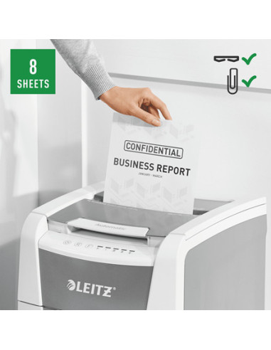 80110000,Distrugator automat documente Leitz IQ Small Office, 100 coli, P4, cross-cut (tip confeti), cos 34 litri, alb-gri, Leit