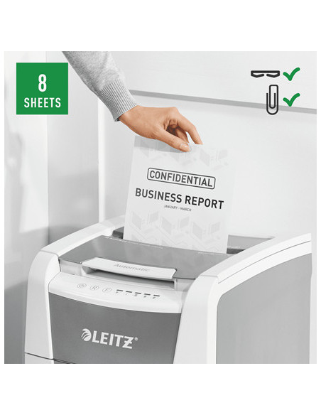 80110000,Distrugator automat documente Leitz IQ Small Office, 100 coli, P4, cross-cut (tip confeti), cos 34 litri, alb-gri, Leit