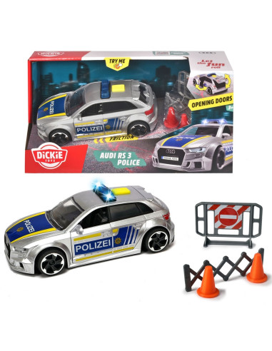 S203713016028,Masina de politie Dickie Toys Audi RS3 1:32 15 cm cu lumini, sunete si accesorii