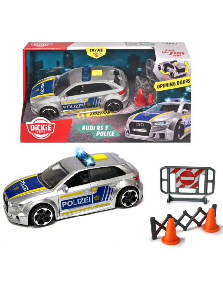 S203713016028,Masina de politie Dickie Toys Audi RS3 1:32 15 cm cu lumini, sunete si accesorii
