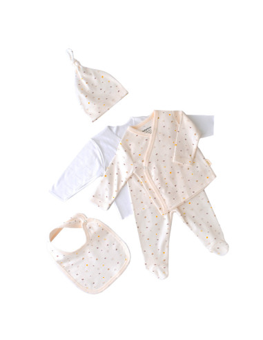 UP-BC-CSY5509,Set de 5 piese pentru nou nascut - 100% bumbac organic - Ecru cu buline, BabyCosy