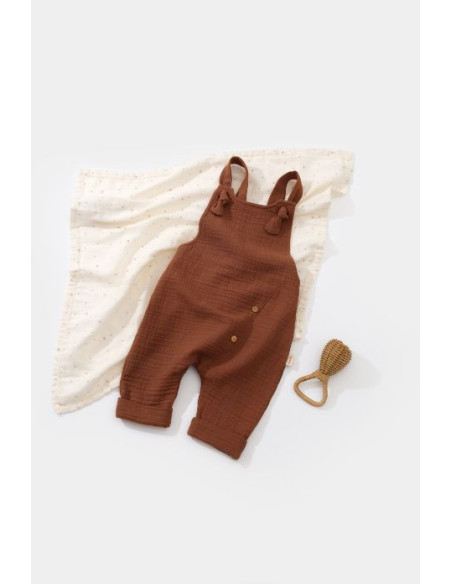 UP-BC-CSYM7010-3,Salopeta de vara cu buzunare din muselina, BabyCosy, 100% bumbac organic, caramiziu (Marime: 3-6 Luni)