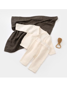 UP-BC-CSYM7012-9,Set bluzita petrecuta si pantaloni lungi din muselina, BabyCosy, 100% bumbac organic, Ecru (Marime: 9-12 luni) 2