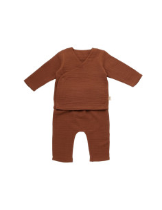 UP-BC-CSYM7013-3,Set bluzita petrecuta si pantaloni lungi din muselina, BabyCosy, 100% bumbac organic, Caramiziu (Marime: 3-6 Lu