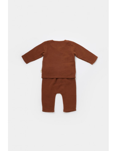 UP-BC-CSYM7013-3,Set bluzita petrecuta si pantaloni lungi din muselina, BabyCosy, 100% bumbac organic, Caramiziu (Marime: 3-6 Lu