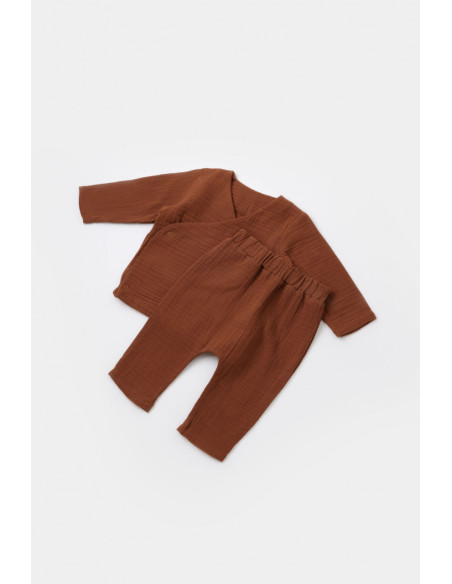 UP-BC-CSYM7013-3,Set bluzita petrecuta si pantaloni lungi din muselina, BabyCosy, 100% bumbac organic, Caramiziu (Marime: 3-6 Lu