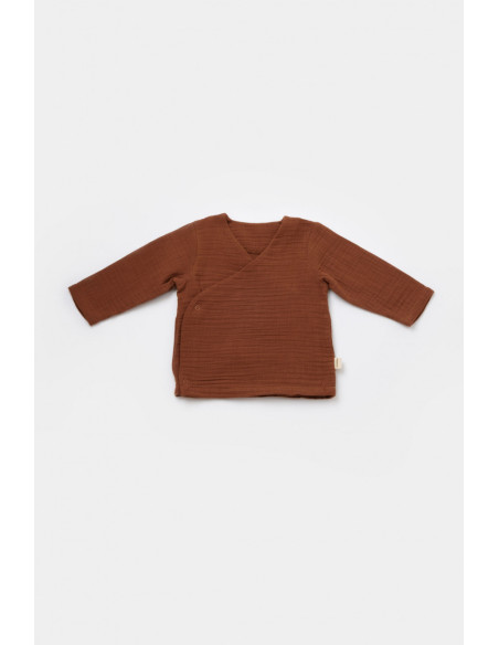 UP-BC-CSYM7013-3,Set bluzita petrecuta si pantaloni lungi din muselina, BabyCosy, 100% bumbac organic, Caramiziu (Marime: 3-6 Lu