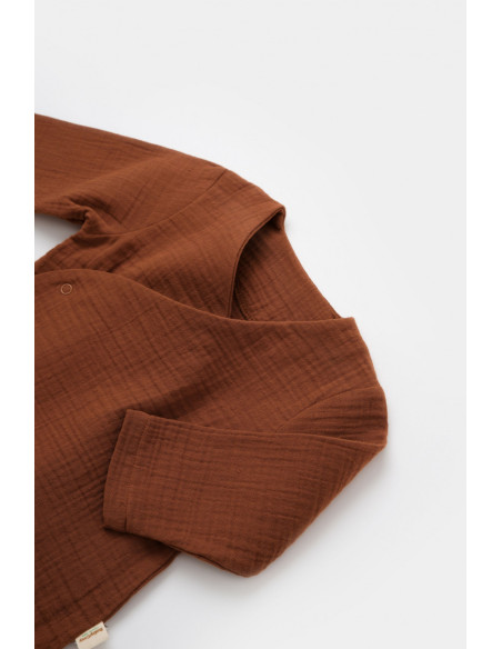 UP-BC-CSYM7013-3,Set bluzita petrecuta si pantaloni lungi din muselina, BabyCosy, 100% bumbac organic, Caramiziu (Marime: 3-6 Lu
