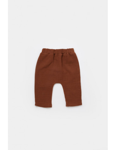 UP-BC-CSYM7013-3,Set bluzita petrecuta si pantaloni lungi din muselina, BabyCosy, 100% bumbac organic, Caramiziu (Marime: 3-6 Lu