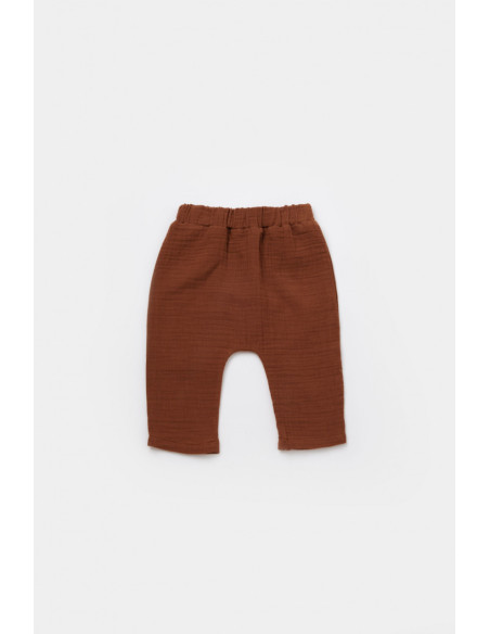 UP-BC-CSYM7013-3,Set bluzita petrecuta si pantaloni lungi din muselina, BabyCosy, 100% bumbac organic, Caramiziu (Marime: 3-6 Lu