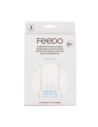 BN-230202,Feedo - Set 3 scutece din muselina, Multifunctionale, Din bumbac certificat Oeko-Tex Standard 100, 68x68 cm, 0 luni+, 