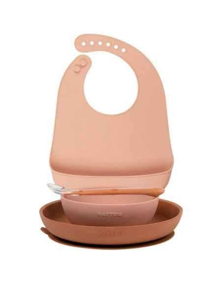 BN-876810,Nattou - Set de masa, Include baveta reglabila cu buzunar de colectare, bol, farfurie si lingurita, Silicon moale, Far BN-876810,Nattou - Set de masa, Include baveta reglabila cu buzunar de colectare, bol, farfurie si lingurita, Silicon moale, Far