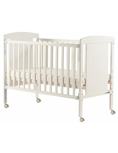 BN-49171,Patut cu laterala culisanta Mia, 120x60 cm, Din lemn de pin si mdf, Cu roti, Cu sina speciala pentru dentitie, Stabil s