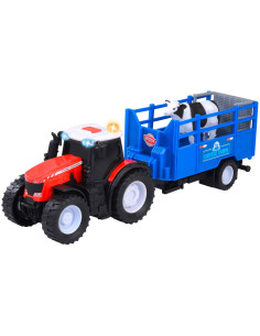 S203734003,Tractor Dickie Toys Massey Ferguson Animal Trailer 26 cm cu lumini, sunete, remorca si figurina vaca