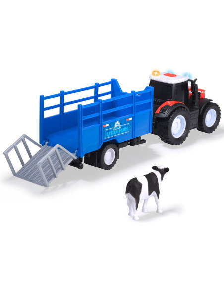 S203734003,Tractor Dickie Toys Massey Ferguson Animal Trailer 26 cm cu lumini, sunete, remorca si figurina vaca