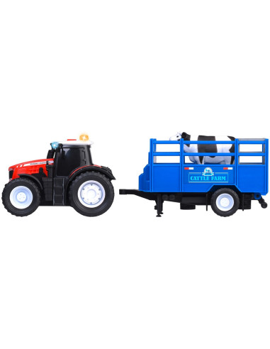 S203734003,Tractor Dickie Toys Massey Ferguson Animal Trailer 26 cm cu lumini, sunete, remorca si figurina vaca