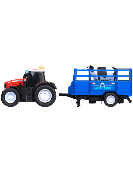 S203734003,Tractor Dickie Toys Massey Ferguson Animal Trailer 26 cm cu lumini, sunete, remorca si figurina vaca