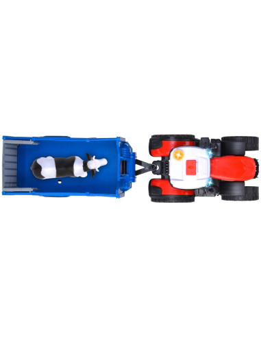 S203734003,Tractor Dickie Toys Massey Ferguson Animal Trailer 26 cm cu lumini, sunete, remorca si figurina vaca