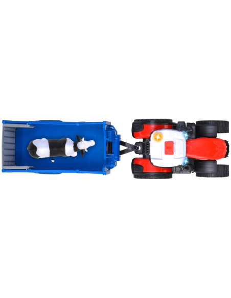 S203734003,Tractor Dickie Toys Massey Ferguson Animal Trailer 26 cm cu lumini, sunete, remorca si figurina vaca