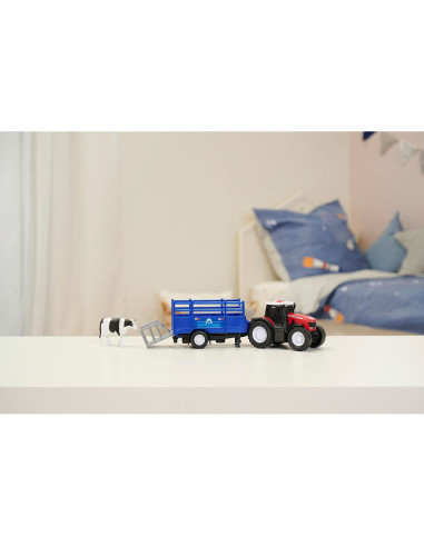 S203734003,Tractor Dickie Toys Massey Ferguson Animal Trailer 26 cm cu lumini, sunete, remorca si figurina vaca