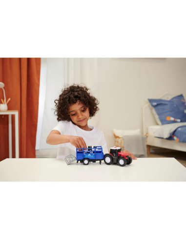 S203734003,Tractor Dickie Toys Massey Ferguson Animal Trailer 26 cm cu lumini, sunete, remorca si figurina vaca