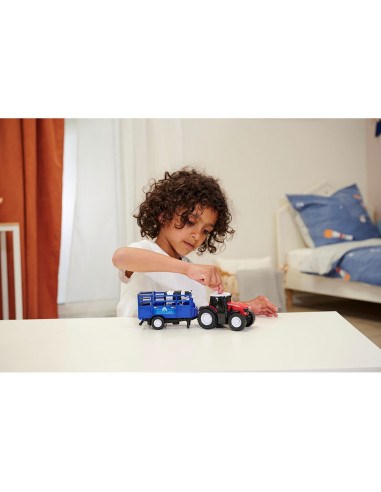 S203734003,Tractor Dickie Toys Massey Ferguson Animal Trailer 26 cm cu lumini, sunete, remorca si figurina vaca