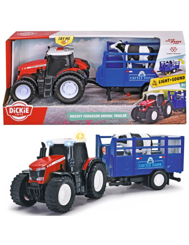 S203734003,Tractor Dickie Toys Massey Ferguson Animal Trailer 26 cm cu lumini, sunete, remorca si figurina vaca