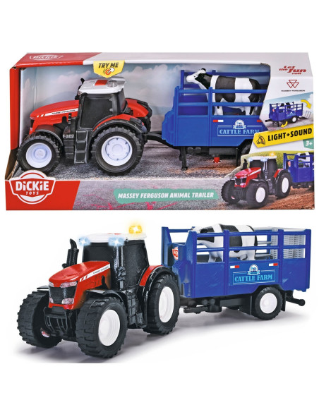 S203734003,Tractor Dickie Toys Massey Ferguson Animal Trailer 26 cm cu lumini, sunete, remorca si figurina vaca
