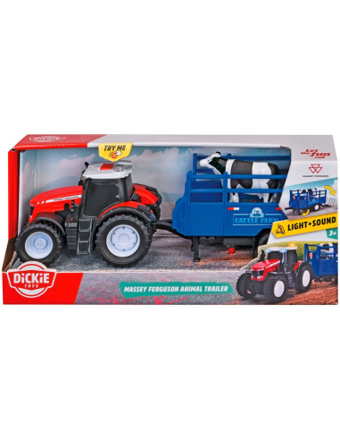 S203734003,Tractor Dickie Toys Massey Ferguson Animal Trailer 26 cm cu lumini, sunete, remorca si figurina vaca