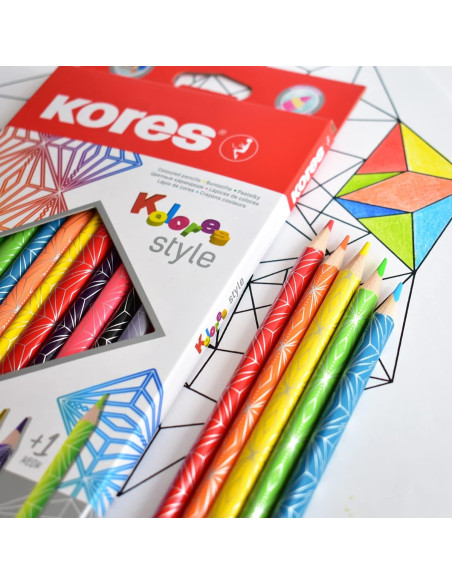 KO93310,Creioane colorate 12 culori + incl. 2 metalice + 1 neon kores