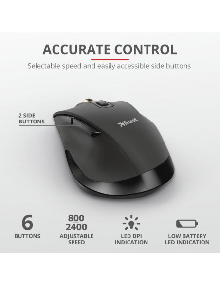 Mouse Trust Fyda, Rechargeable Wireless, negru,TR-23804