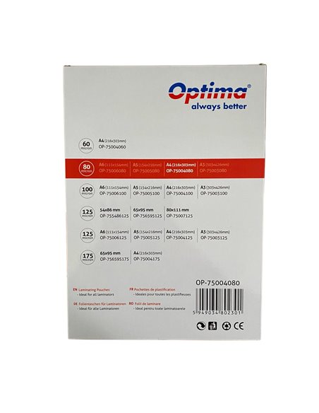 OP-75004080,Folie pentru laminare OPTIMA A4 (216x303 mm), 80 microni 100 BUC./TOP