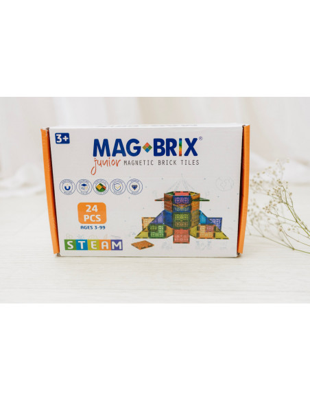 MBRXJR24,Set magnetic Magbrix Junior 24 piese patrate - compatibil cu caramizi de constructie tip Lego Duplo