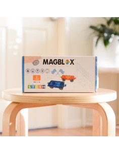 MBL-110,Set magnetic Magblox - 2 sasiuri magnetice accesorii pentru constructie cu roti de lemn - albastru si portocaliu 2