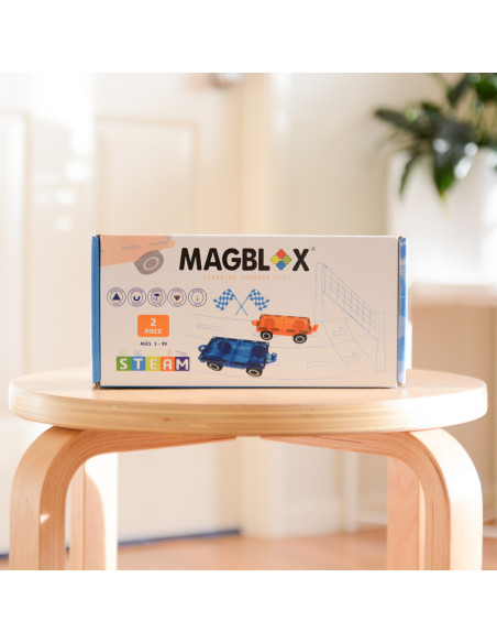 MBL-110,Set magnetic Magblox - 2 sasiuri magnetice accesorii pentru constructie cu roti de lemn - albastru si portocaliu