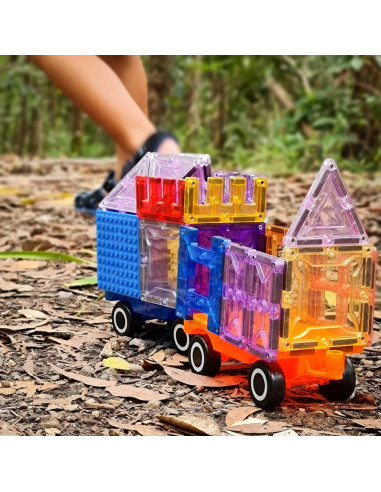 MBL-110,Set magnetic Magblox - 2 sasiuri magnetice accesorii pentru constructie cu roti de lemn - albastru si portocaliu