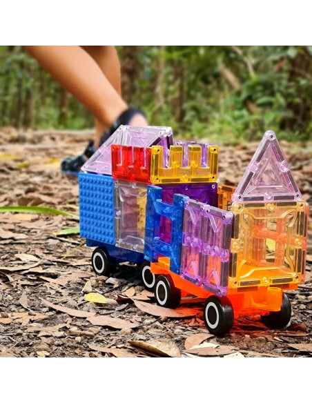 MBL-110,Set magnetic Magblox - 2 sasiuri magnetice accesorii pentru constructie cu roti de lemn - albastru si portocaliu