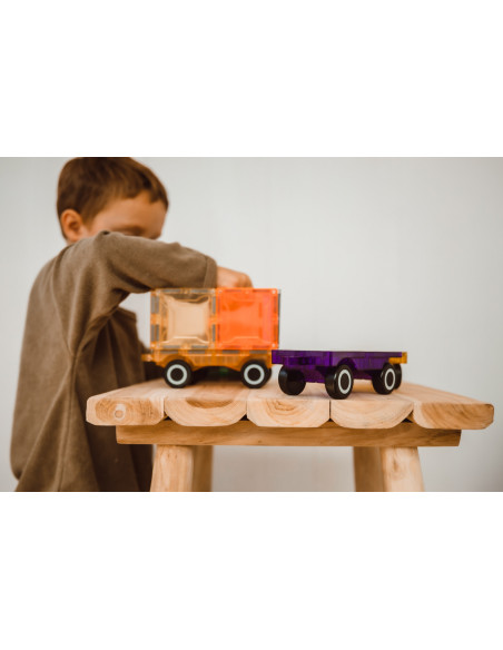 MBL-110,Set magnetic Magblox - 2 sasiuri magnetice accesorii pentru constructie cu roti de lemn - albastru si portocaliu