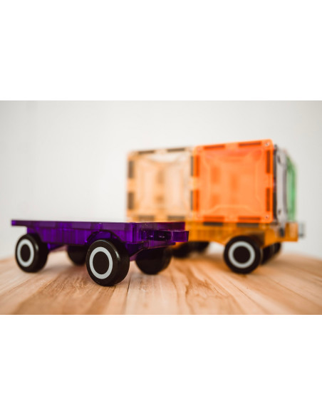 MBL-110,Set magnetic Magblox - 2 sasiuri magnetice accesorii pentru constructie cu roti de lemn - albastru si portocaliu