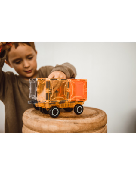 MBL-110,Set magnetic Magblox - 2 sasiuri magnetice accesorii pentru constructie cu roti de lemn - albastru si portocaliu