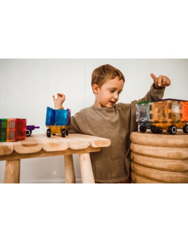 MBL-110,Set magnetic Magblox - 2 sasiuri magnetice accesorii pentru constructie cu roti de lemn - albastru si portocaliu