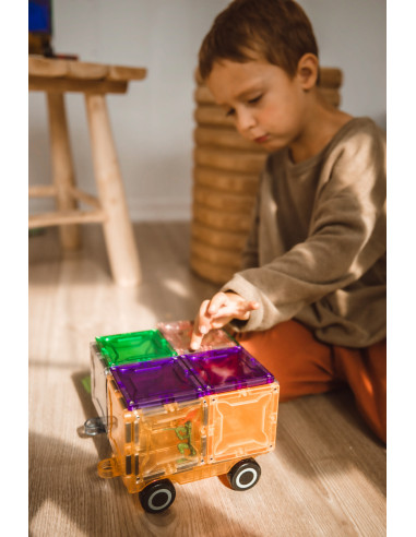 MBL-110,Set magnetic Magblox - 2 sasiuri magnetice accesorii pentru constructie cu roti de lemn - albastru si portocaliu