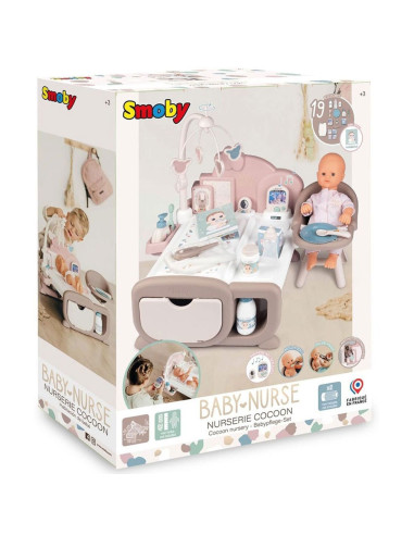 S7600220379,Centru de ingrijire pentru papusi Smoby Baby Nurse Cocoon Nursery crem cu papusa si accesorii