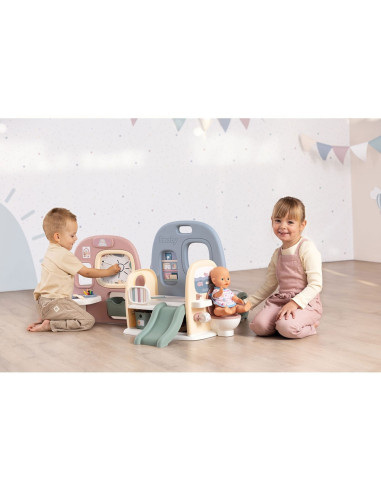 S7600240307,Centru de ingrijire pentru papusi Smoby Baby Care Childcare Center albastru roz cu accesorii
