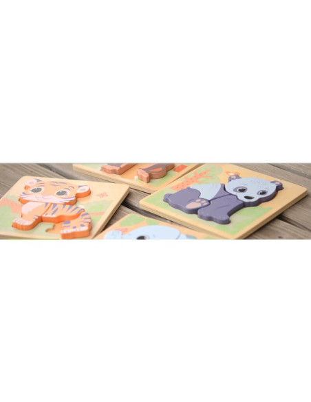 BN-80097_tiger,Joueco - Puzzle din lemn certificat FSC, Familia Wildies, Tigru, 15x18.5 cm, 12 luni+,4 piese, Multicolor