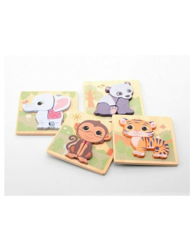 BN-80097_tiger,Joueco - Puzzle din lemn certificat FSC, Familia Wildies, Tigru, 15x18.5 cm, 12 luni+,4 piese, Multicolor