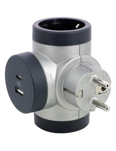 LN694524,Priza/prelungitor Legrand 2x Schuko, 1x USB-A, 1x USB-C, Rotativ, gri-negru