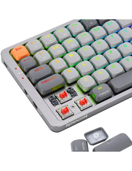 K652GG-RGB-PRO,Tastatura gaming mecanica Bluetooth cu fir si wireless Redragon Azure gri iluminare RGB switch-uri rosii