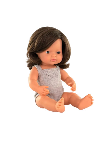 ML31284,Papusa 38 cm, fetita europeana, imbracata in salopeta tricotata